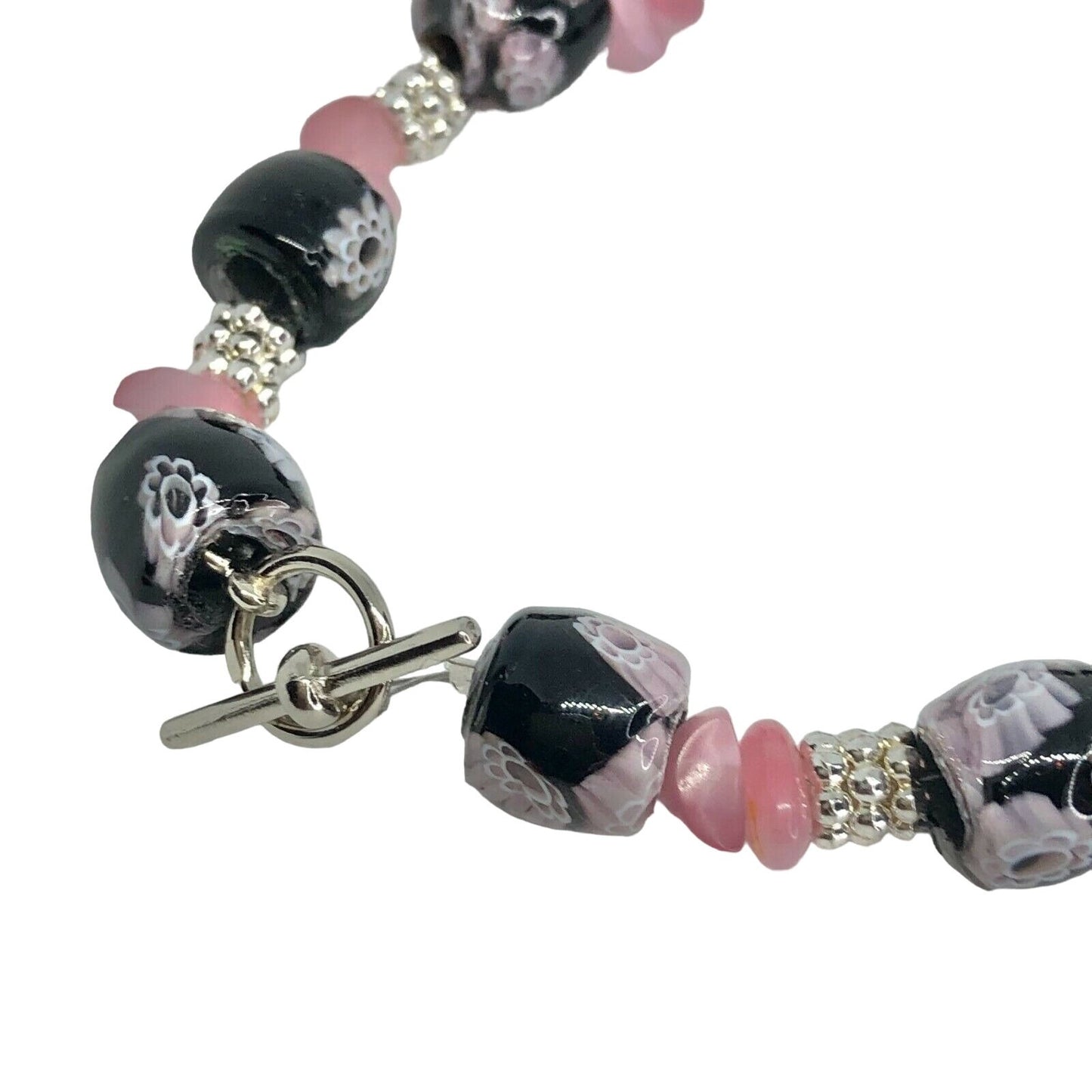 Handcrafted Beaded Bracelet Black Floral Pink Silver Beads Unique Fun NEW