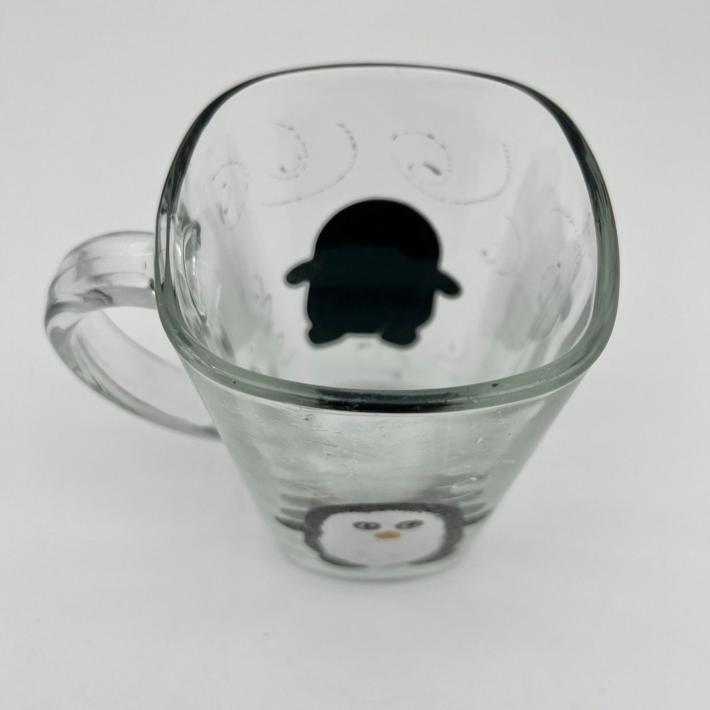 Glass Mug with Hand Painted Penguins and Swirls 5 Inches Tall