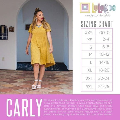 LuLaRoe Retired Carly Dress S Navy Blue Multicolor Graphic SS Hi-Low Hem NWT
