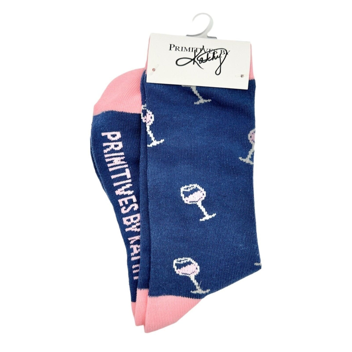 Primitives by Kathy Box Sign & Sock Set Sign 4.5x3 inch Pink Wine Goes Socks NWT