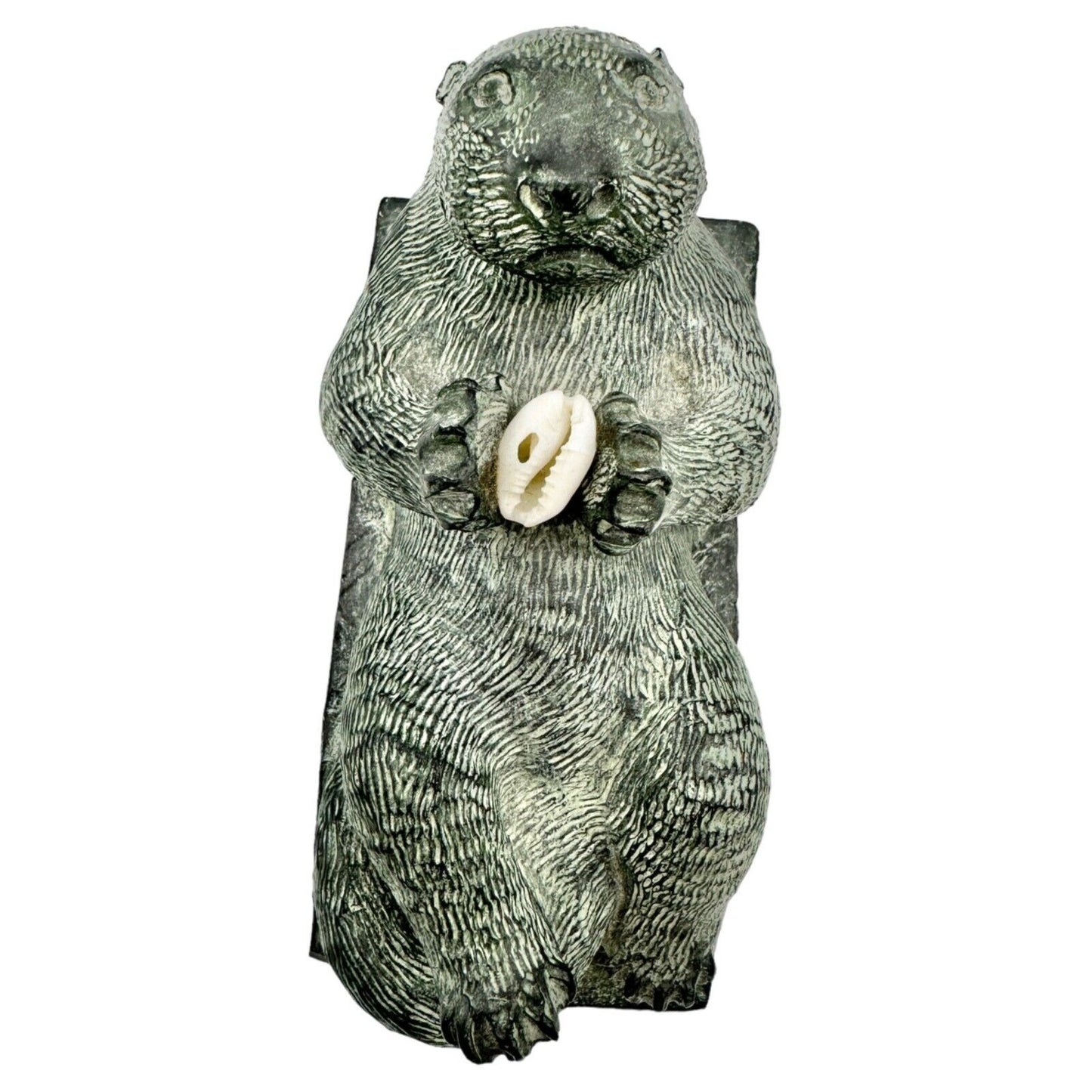 The Wolf Sculptures Soapstone Sea Otter with Shell Gray 4.5 x 2.5 x 2.5