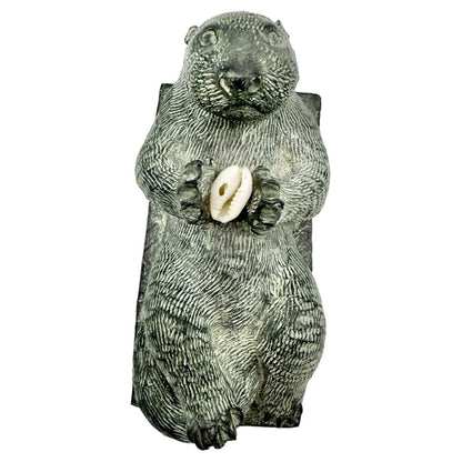 The Wolf Sculptures Soapstone Sea Otter with Shell Gray 4.5 x 2.5 x 2.5