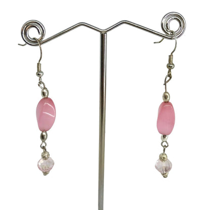 Handcrafted Earrings Pink Glass and Silver Metal Beads Delicate Spring