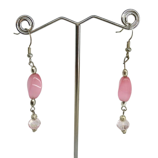 Handcrafted Earrings Pink Glass and Silver Metal Beads Delicate Spring