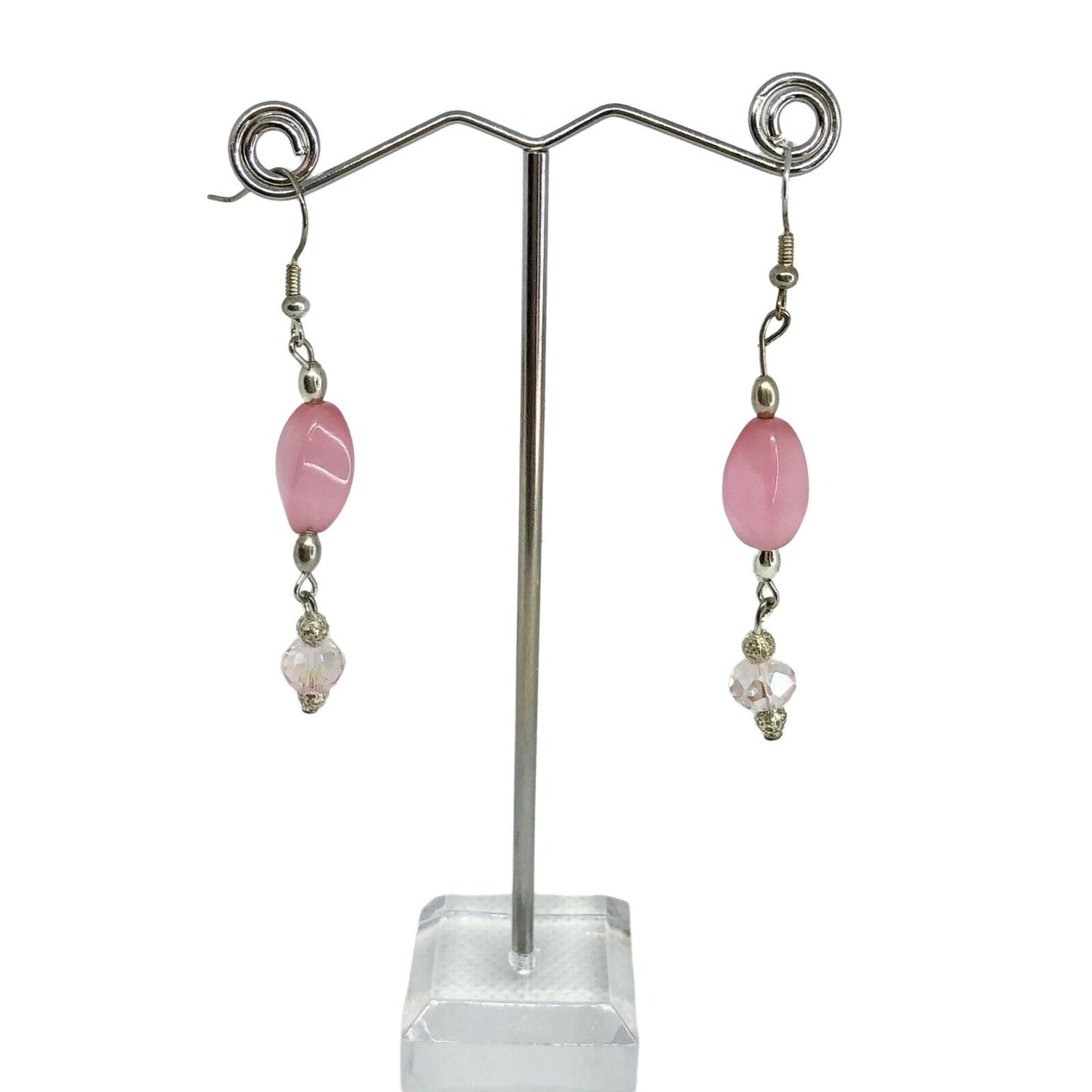 Handcrafted Earrings Pink Glass and Silver Metal Beads Delicate Spring