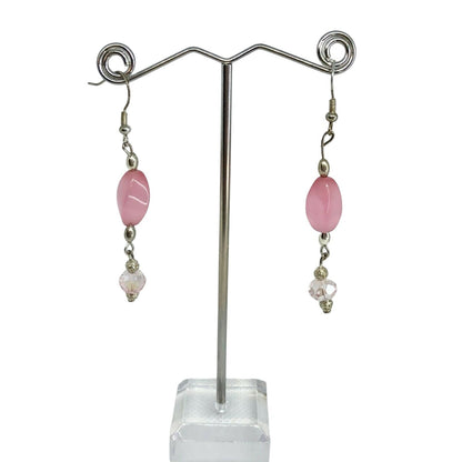 Handcrafted Earrings Pink Glass and Silver Metal Beads Delicate Spring