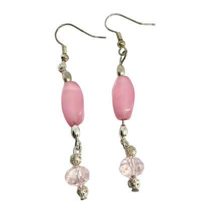 Handcrafted Earrings Pink Glass and Silver Metal Beads Delicate Spring