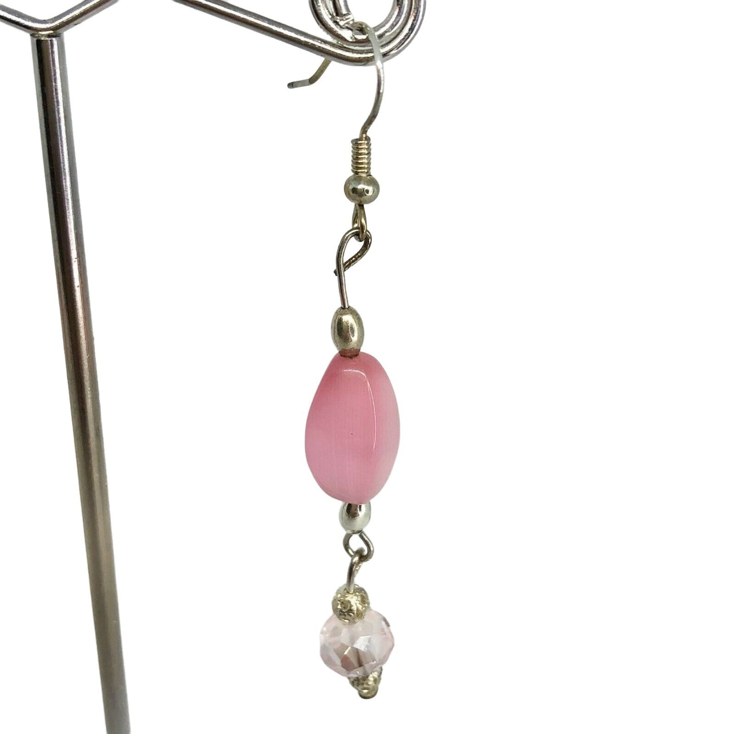 Handcrafted Earrings Pink Glass and Silver Metal Beads Delicate Spring