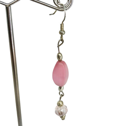 Handcrafted Earrings Pink Glass and Silver Metal Beads Delicate Spring