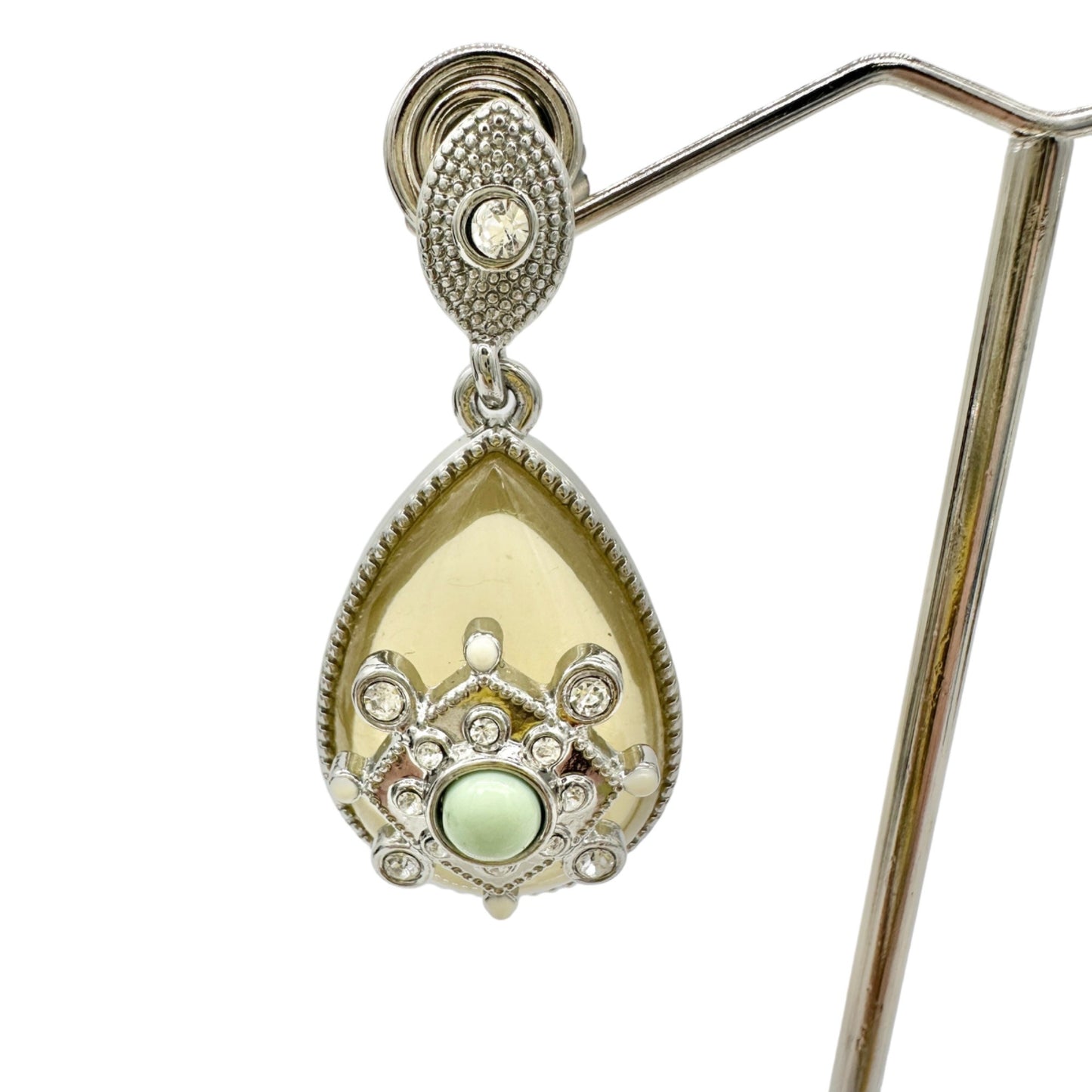 Lia Sophia Art Deco Dangle Earrings Silvertone Clear Gems Yellow Stone Green Bead
