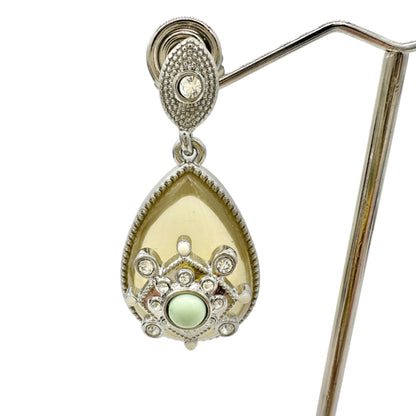 Lia Sophia Art Deco Dangle Earrings Silvertone Clear Gems Yellow Stone Green Bead