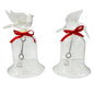 Pair of Vintage Clear Glass Bells Dove and Hummingbird with Red Bows 3.5" Tall