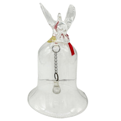 Pair of Vintage Clear Glass Bells Dove and Hummingbird with Red Bows 3.5" Tall