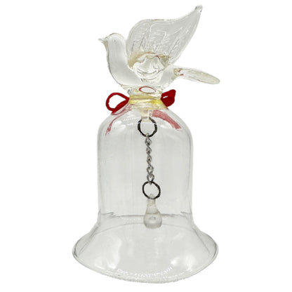 Pair of Vintage Clear Glass Bells Dove and Hummingbird with Red Bows 3.5" Tall