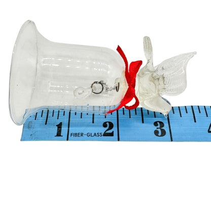 Pair of Vintage Clear Glass Bells Dove and Hummingbird with Red Bows 3.5" Tall