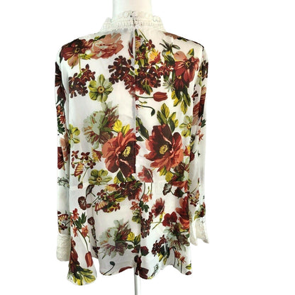 Suzanne Betro 2X Floral High Neck Lace Trim Peplum Top Red White LS NWT