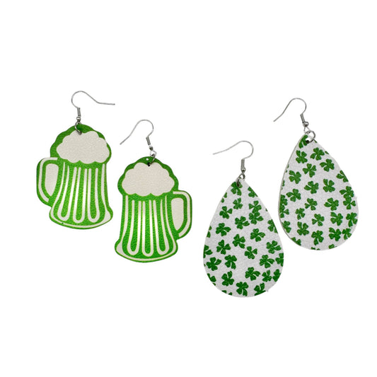 Two Pairs of St. Patrick's Day Earrings 1 Beer Mug 1 Teardrop Green White NEW
