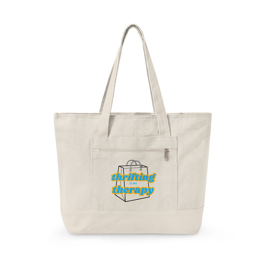 Zippered Canvas Tote Bag with Front Pocket - Thrifting is my Therapy