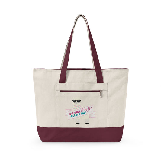 Zippered Canvas Tote Bag with Front Pocket - Wanna Thrift? Alpaca Bag