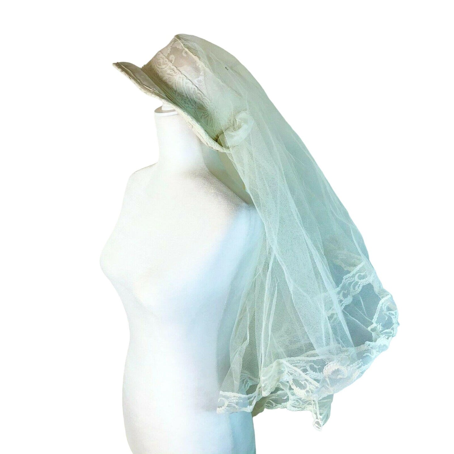 Lacy White Skimmer Style Wedding Hat with Full Veil Bridal Event Worthy