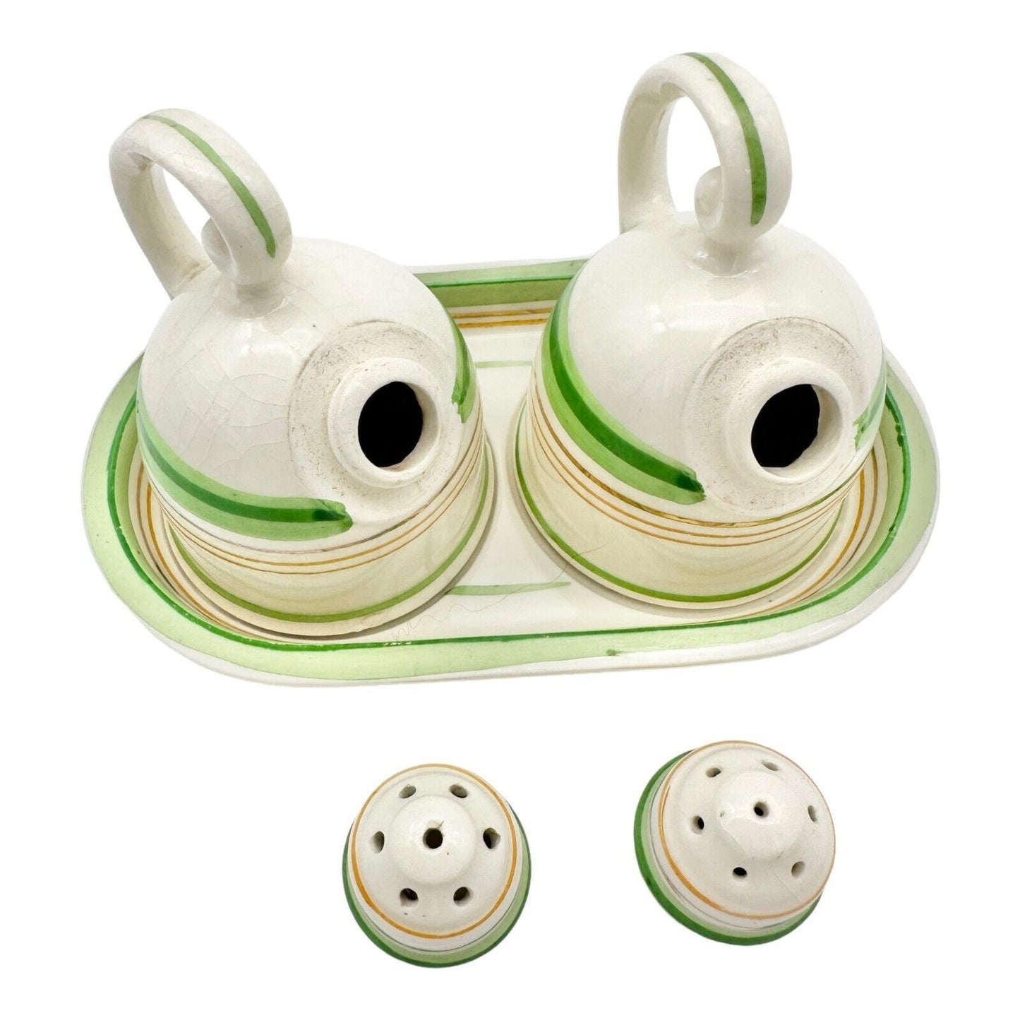 Vintage 3pc Salt & Pepper Shakers & Tray White Ceramic Green & Gold Lines Japan