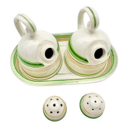 Vintage 3pc Salt & Pepper Shakers & Tray White Ceramic Green & Gold Lines Japan