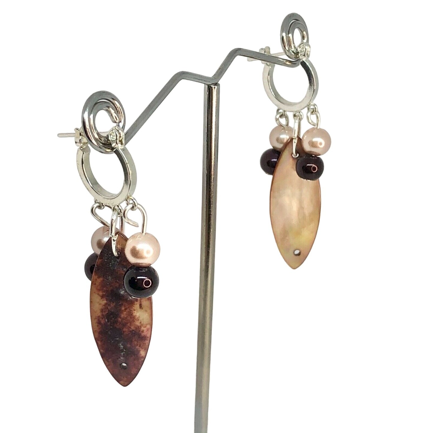 Handcrafted Beaded Earrings Clear Variegated Brown Oblong Glass Beads Unique NEW