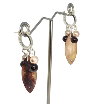 Handcrafted Beaded Earrings Clear Variegated Brown Oblong Glass Beads Unique NEW