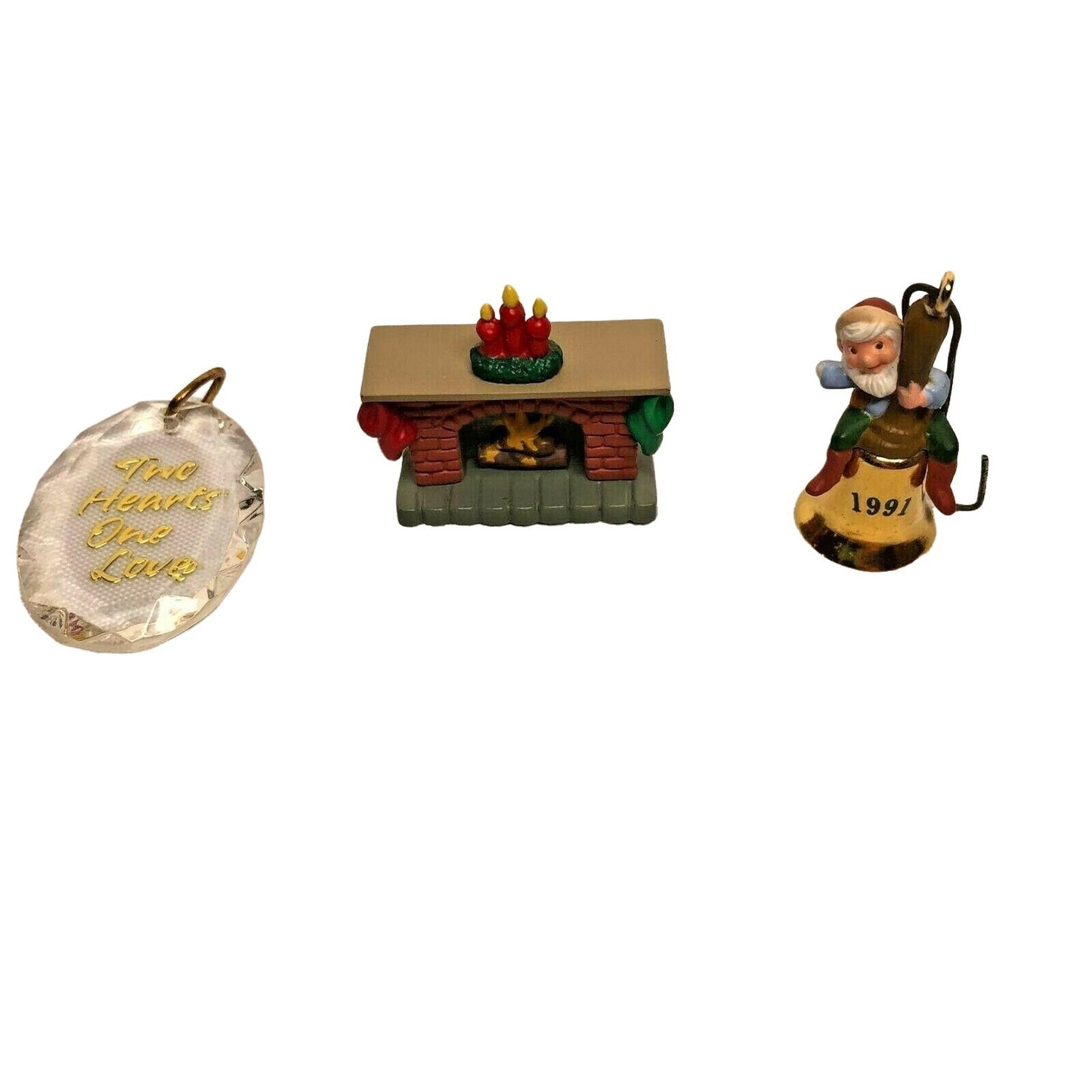 Hallmark Keepsake Lot of 3 Miniature Ornaments Bell Elf Fireplace Loving Hearts