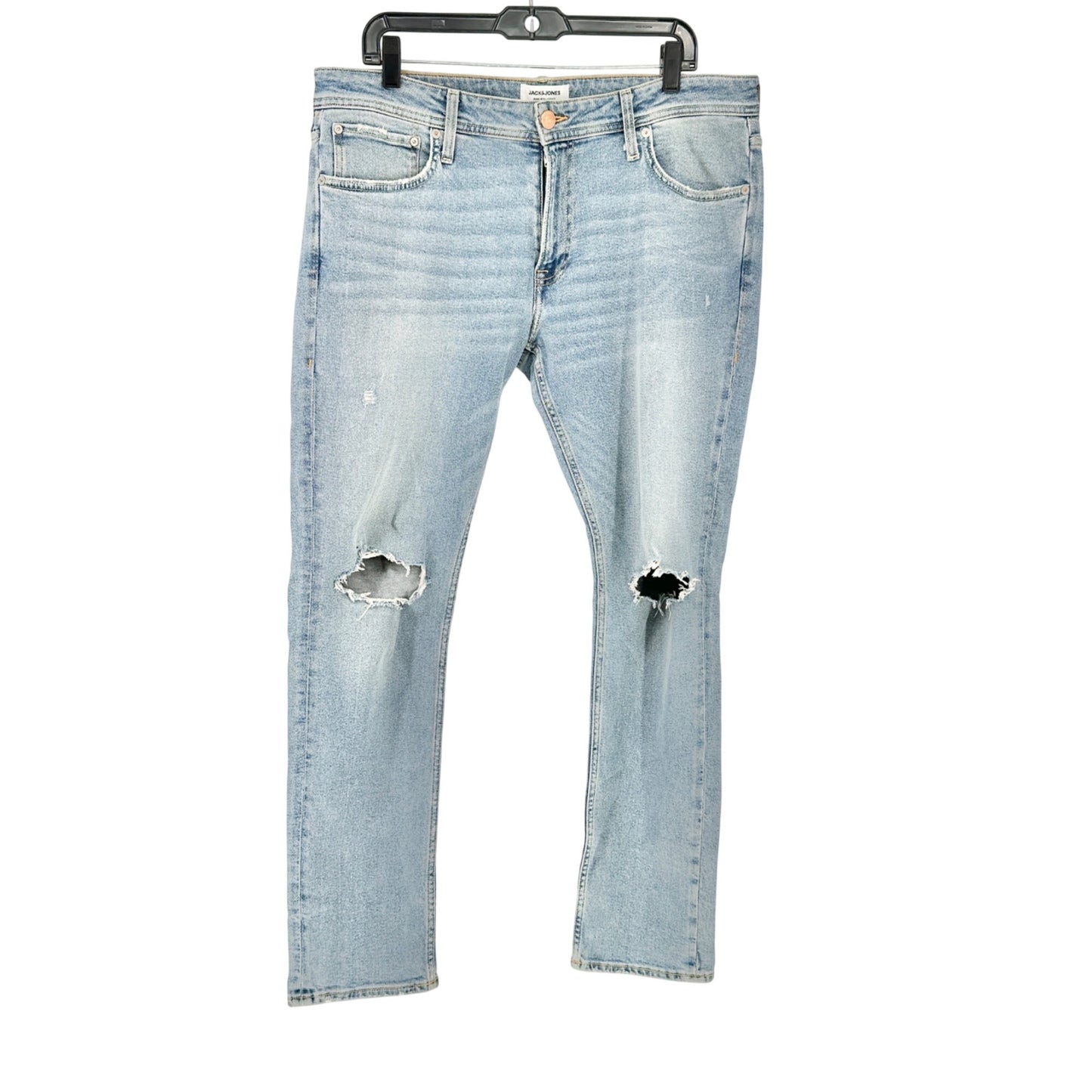 Mens Light Wash Distressed Jeans Size 36x32 Slim Fit Ripped Knees Jack & Jones