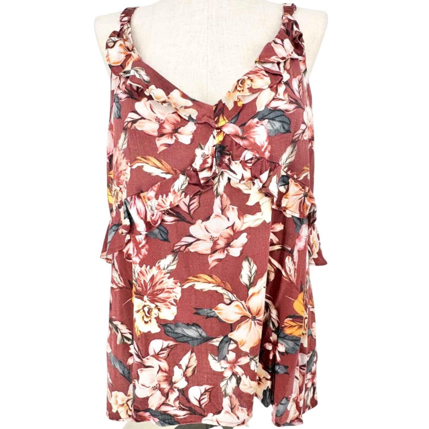 Torrid 3 Slub Ruffle Tank Top Womens Maroon Floral Sleeveless V Neck 22-24