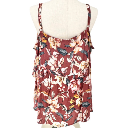 Torrid 3 Slub Ruffle Tank Top Womens Maroon Floral Sleeveless V Neck 22-24