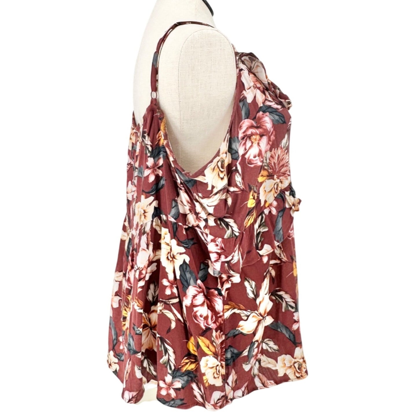 Torrid 3 Slub Ruffle Tank Top Womens Maroon Floral Sleeveless V Neck 22-24