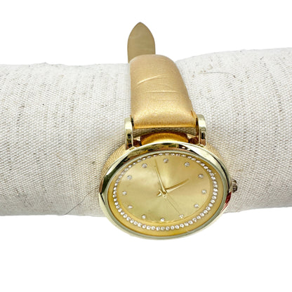 Goldtone Watch with Crystal Accent Faux Leather Gold Buckle Strap