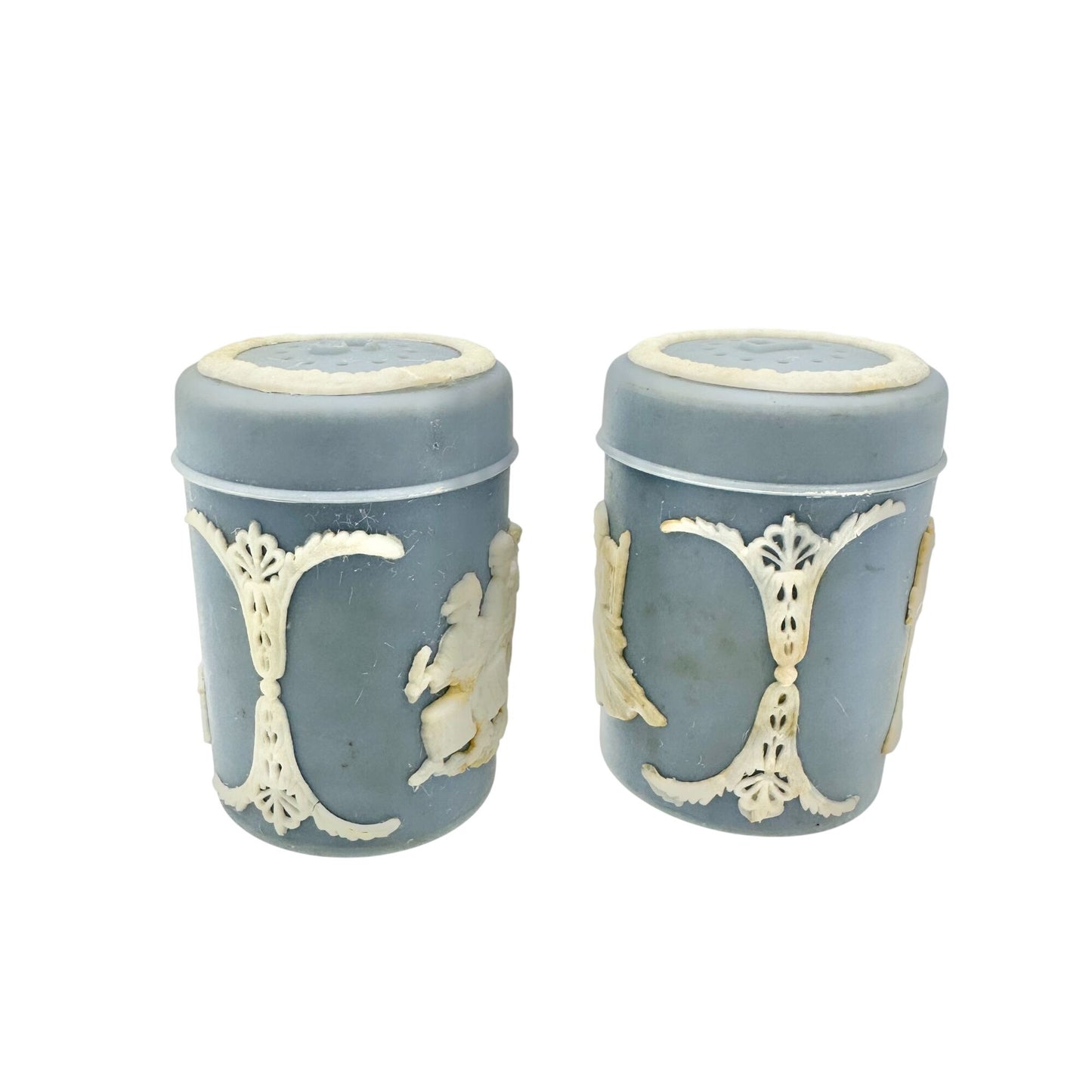 Vtg Blue Jasperware Salt and Pepper Shakers With White Relief Design Americana