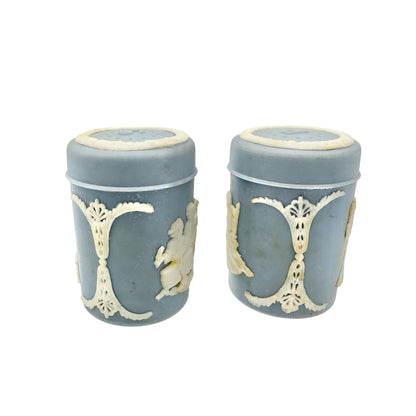 Vtg Blue Jasperware Salt and Pepper Shakers With White Relief Design Americana