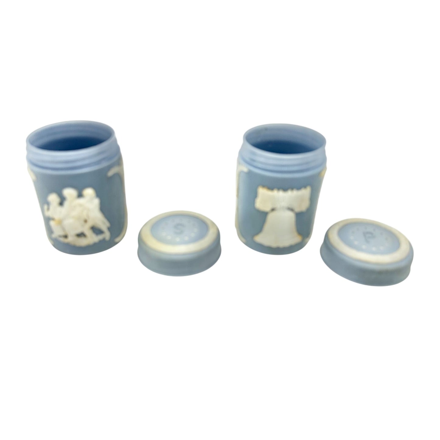 Vtg Blue Jasperware Salt and Pepper Shakers With White Relief Design Americana