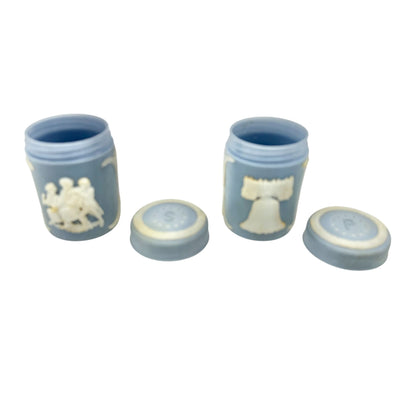 Vtg Blue Jasperware Salt and Pepper Shakers With White Relief Design Americana