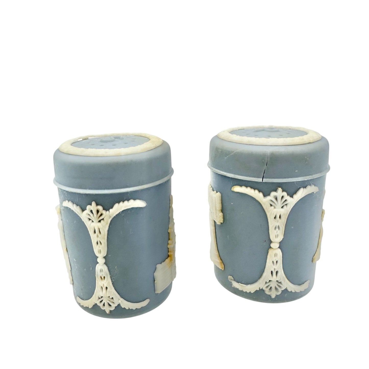 Vtg Blue Jasperware Salt and Pepper Shakers With White Relief Design Americana