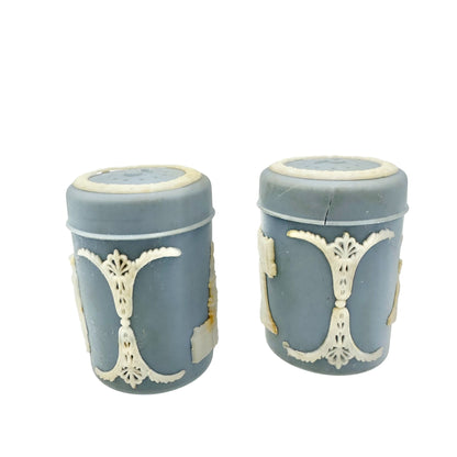 Vtg Blue Jasperware Salt and Pepper Shakers With White Relief Design Americana
