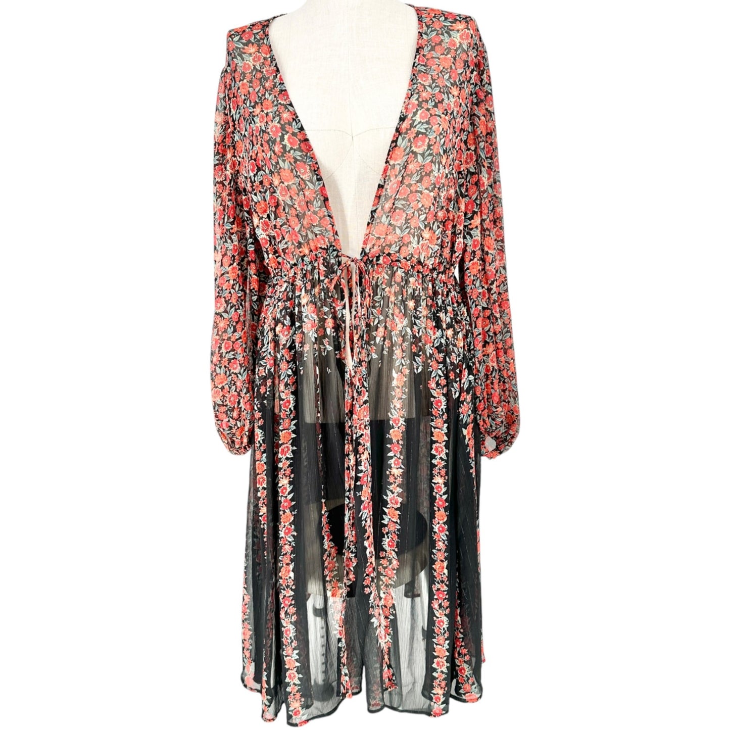 Torrid 3 Sheer Kimono Black Red Floral LS Crinkle Fabric Drawstring Waist 22-24