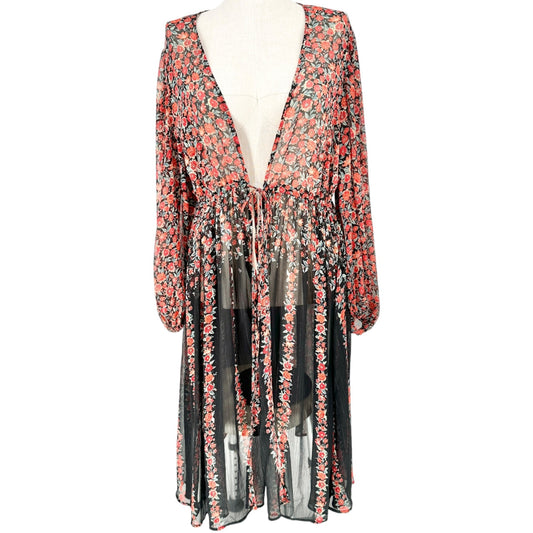 Torrid 3 Sheer Kimono Black Red Floral LS Crinkle Fabric Drawstring Waist 22-24