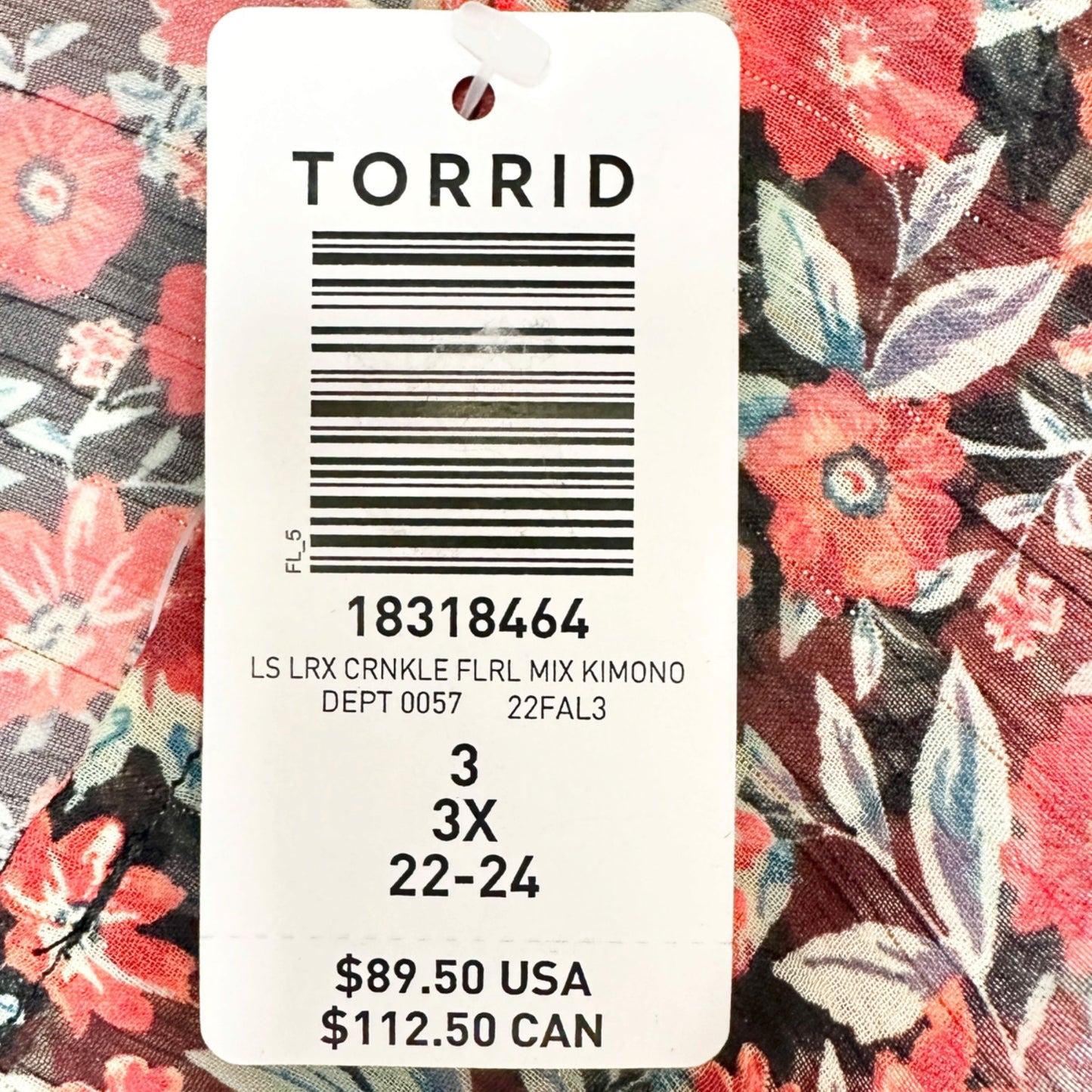 Torrid 3 Sheer Kimono Black Red Floral LS Crinkle Fabric Drawstring Waist 22-24