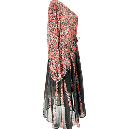 Torrid 3 Sheer Kimono Black Red Floral LS Crinkle Fabric Drawstring Waist 22-24
