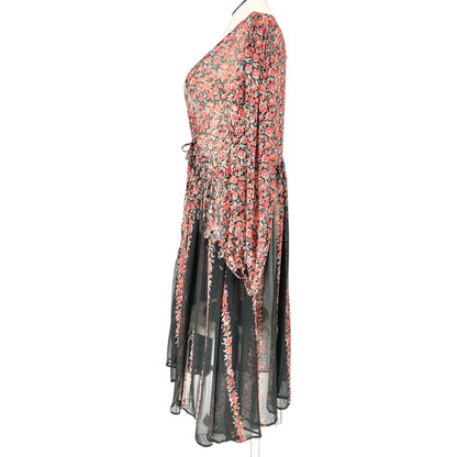 Torrid 3 Sheer Kimono Black Red Floral LS Crinkle Fabric Drawstring Waist 22-24