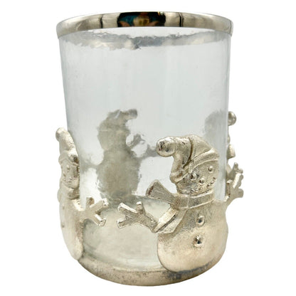 Large Snowman Pillar Candle Holder Pewter and Glass 8 x 6 in Holds 3x3 Candle