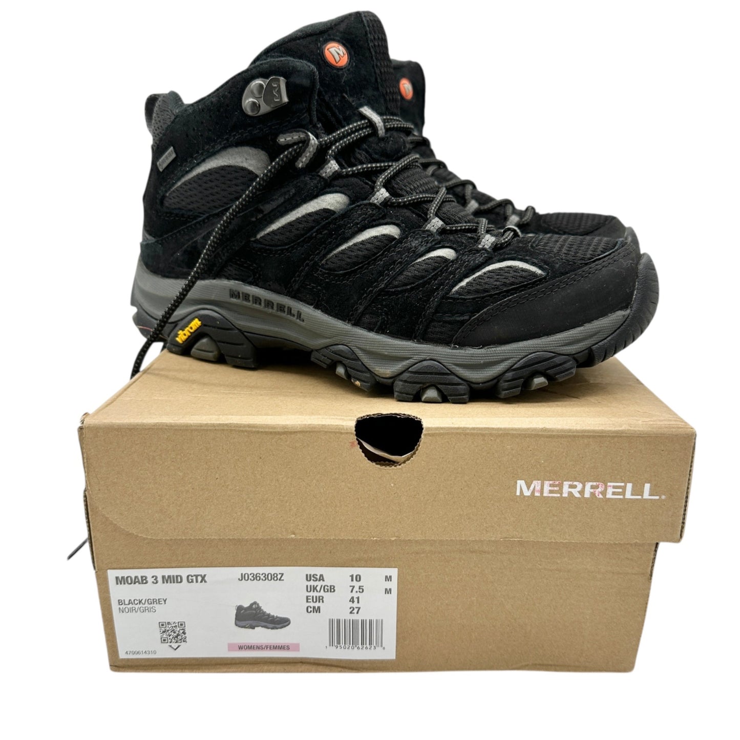 Merrell Moab 3 Mid GTX Hiking Boots Womens 10M Black Grey Waterproof Vibram Sole