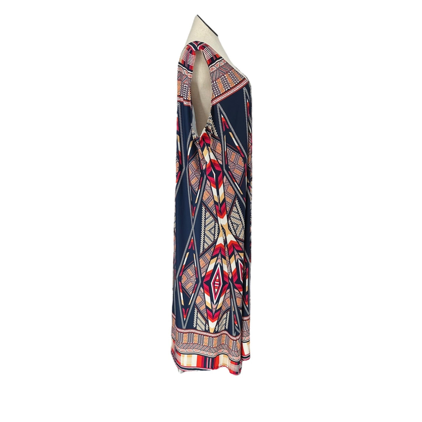 Denim 24/7 Maxi Dress Womens 3X Sleeveless Navy w/ Multicolor Geometric Pattern