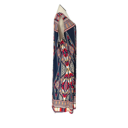 Denim 24/7 Maxi Dress Womens 3X Sleeveless Navy w/ Multicolor Geometric Pattern