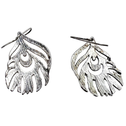 Earrings Pierced Drop Silver Tone Peacock Feathers Look